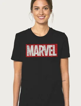 Women's Classic Comic Book Logo Relaxed Fit T-Shirt in Black Size: Small - Black - Size: S - Marvel - FashionsVida