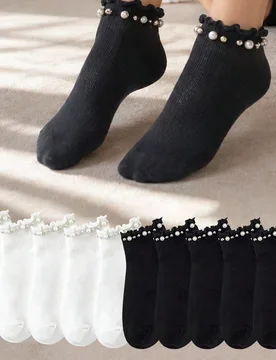 Pares de calcetines de tobillo con volantes y perlas para mujer, calcetines casuales de unicolor sin costuras - Shein - FashionsVida