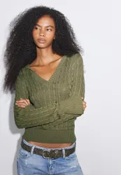 Strickpullover mit Zopfmuster und Kapuze Khaki L