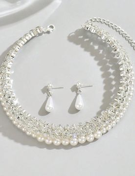 Set de 3 piezas de joyería elegante y lujosa para mujer con collares y aretes de múltiples capas con rhinestones y perlas falsas, adecuado para usar