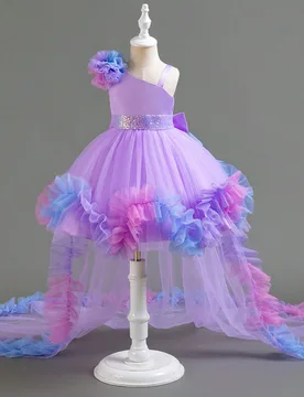 Vestido asimétrico de fiesta de boda, vacaciones o cumpleaños con gran volante y malla 3D para niñas jóvenes - Shein - FashionsVida