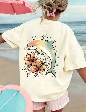 Camiseta holgada y extragrande de mujer color crema, estampado degradado de delfín, hibisco y estrella en la espalda, manga corta, cuello redondo, to - Shein - FashionsVida