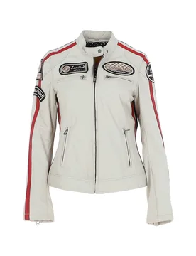 Women's 'Corsa' Real Leather Vintage Wash Racing Patch Details Jacket in Beige Size: 16 - Beige - Size: 16 - Ashwood Leather - FashionsVida