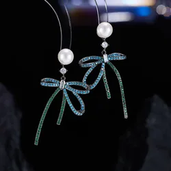 S925 Silver Needle Cubic Zirconia Pearl Earrings with Long Ribbon Bow Luxury Retro Earrings Elegant Jewelry Accessory LYA180