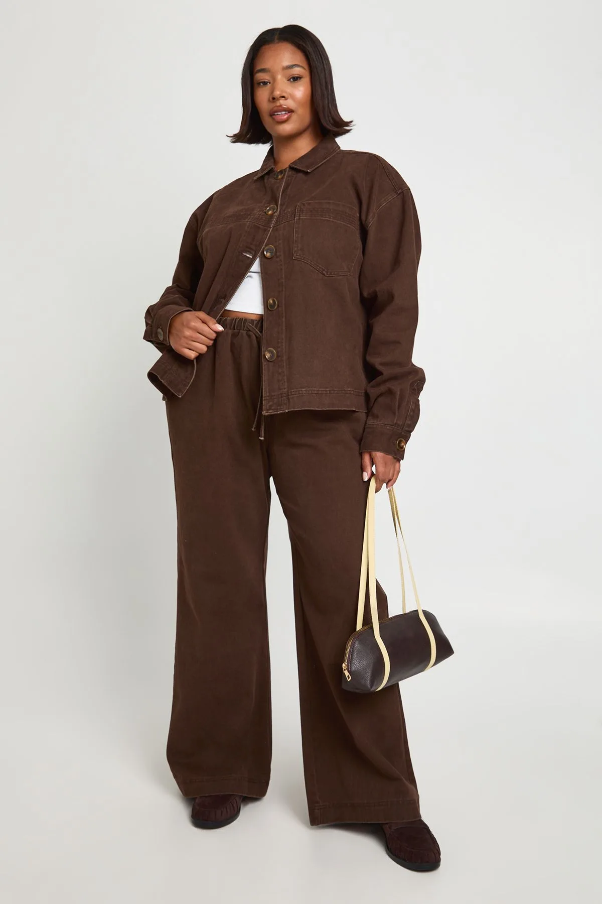 Womens Plus Washed Elasticated Wide Leg Trouser - Chocolate - Size 16 Uk - Boohoo - FashionsVida