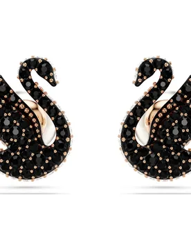 Orecchini a lobo Swan, Crystal Pearl, Cigno, Neri, Finitura oro rosa 18K OS - Swarovski - FashionsVida