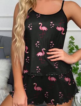 Pijama de mujer de 2 piezas Conjunto de camiseta de tirantes y pantalones cortos con estampado de flamencos y corazones, camiseta de cuello de pico y