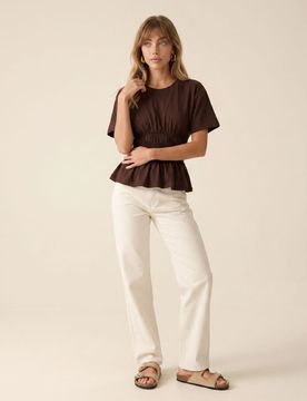 Blusa in cotone arricciata - marrone