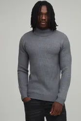 Mens Tall Muscle Fit Ribbed Roll Neck Knitted Jumper - Charcoal - Size Medium