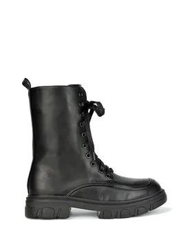 Women's 'Myra' Flat Lace Up Biker Ankle Boots in Black Size: 3 - Black - Size: 3 - XY London - FashionsVida