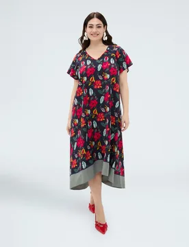 Vestido largo de viscosa con estampado floral escote en v mangas cortas tipo kimono y bajo asimétrico - Fiorella Rubino - FashionsVida