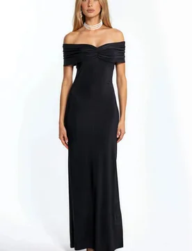 Womens Off Shoulder Slit Detailed Sandy Maxi Dress - Black - Size X-Small - Hiccup - FashionsVida
