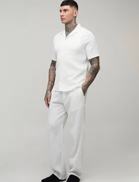 Men's Tall Textured Pleated Regular Fit Shirt & Trouser Set White Size Small White S - boohooMAN - FashionsVida