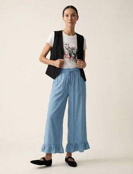 Pantaloni con volant e tasche in lyocell - azzurro