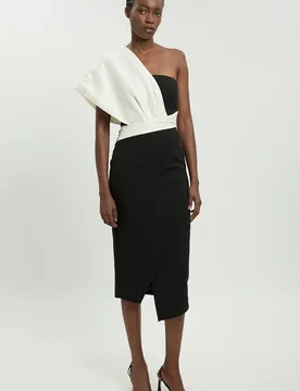Women's Taffeta Mix Asymmetric Midi Dress in Mono Size: 12 - Mono - Size: 12 - Karen millen - FashionsVida