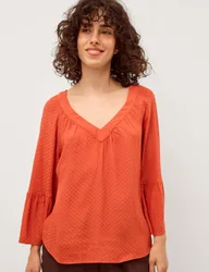 Textured V-Neck Flute Sleeve Popover Blouse Orange female