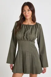 Womens Ruched Bust Long Sleeve Pleated Skater Dress - Green - Size 8 Uk