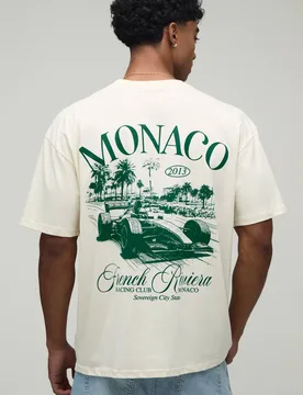 Herren Oversized T-Shirt mit verlängertem Ausschnitt Monaco Racing Ecru Größe XS - boohooMAN - FashionsVida