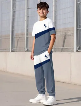 Conjunto de 2 piezas/Set para adolescentes varones con camiseta de cuello redondo casual con bloques de color, patchwork e impresión de letras y pant - Shein - FashionsVida