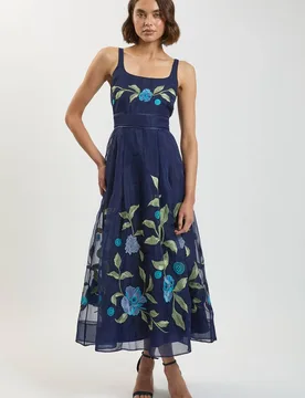 Women's Embroidered Detail Organdie Midi Dress in Navy Size: 10 - Navy - Size: 10 - Karen millen - FashionsVida