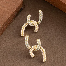 Elegant temperament, small fragrance, cross double C full diamond pearl earrings, light luxury, simple and versatile INS earring