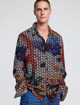 Camisa bordada estampada, Hombre, Azul, XS