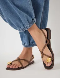 Leather Flat Toe Loop Sandals Tan female