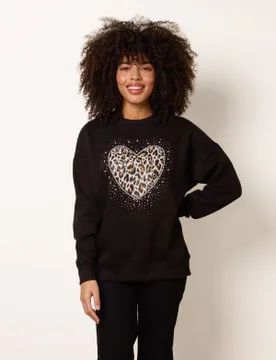 Love Heart Sweatshirt With Leopard Print - L/XL / BLACK - female - Blue Vanilla - FashionsVida