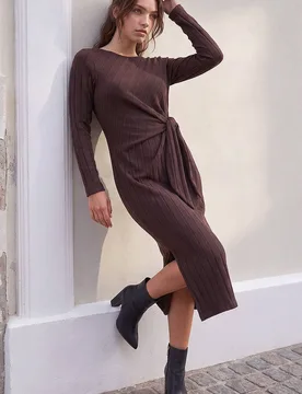 Women's Petite Brushed Tie Waist Stretch Midi Dress in Chocolate Size: 8 - Chocolate - Size: 8 - Roman - FashionsVida