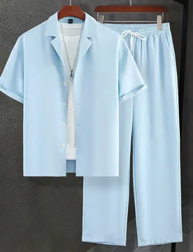 Conjunto de camisa de cuello cubano de unicolor + pantalones largos de cintura elástica con cordón para hombre de talla grande, atuendo casual para - Shein - FashionsVida