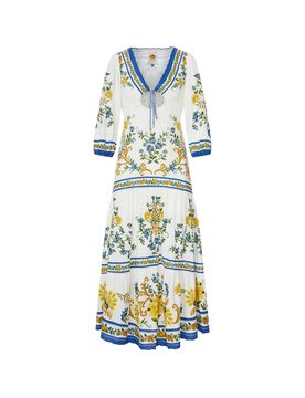 Floral Print Midi Dress with V-Neck Drawstring and Wide Three-Quarter Sleeves