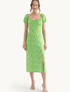 Womens Floral Sweetheart Neck Puff Sleeves Midi Dress With A Side Slit - Green - Size X-Large - Hiccup - FashionsVida