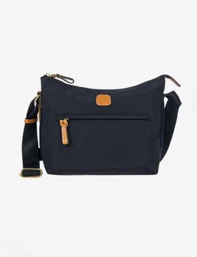 Borsa a tracolla blu in nylon misura piccola in tessuto regolabile e dettagli in pelle color cuoio - Bric's - FashionsVida