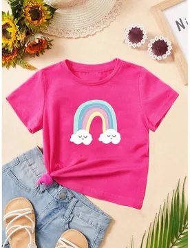 Camiseta informal juvenil con cuello redondo e impresión de arcoíris sonriente - Shein - FashionsVida