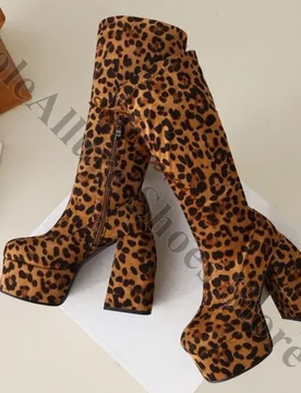 Vintage Leopard Print Faux Suede Knee High Platform Boots Square Cap Toe Side Zip Rear Stretch Tall Block Heel Shoes - Aliexpress - FashionsVida
