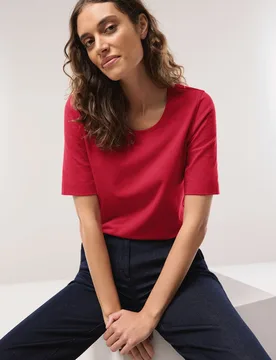 Baumwoll-Basic-Shirt Halbarm, normale Größen, Farbe Rot, 46, tolles Basic-Shirt angenehme Baumwollmischung Damen - Walbusch - FashionsVida