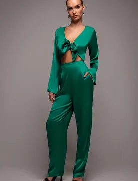 Women's Cut Out Satin Jumpsuit in Emerald Size: 16 - Emerald - Size: 16 - Goddiva - FashionsVida