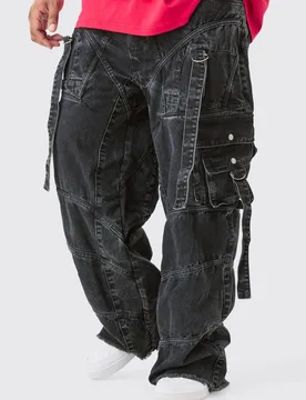 Herren Plus Baggy Jeans Hosen mit Gurt- und Schnallendetails Washed Black Größe 42 - boohooMAN - FashionsVida