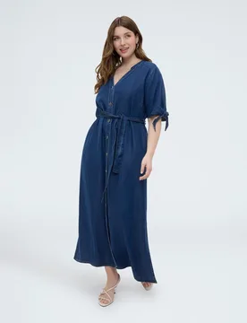 Vestido camisero en tencel escote en v cierre frontal con botones y mangas cortas con lazos anudables - Fiorella Rubino - FashionsVida