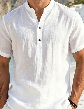 Pieza Camisa Henley de Lino Blanco para Hombre, Camisa Casual de Verano para Playa con Cuello Alto y Manga Corta Transpirable, Camisa Versátil para H - Shein - FashionsVida