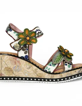 Womens Ballon 08 Beige Floral Leather Wedge Espadrille Sandals - Size Eu 42 - Laura vita - FashionsVida