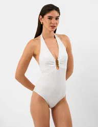 Textured Ring Detail Halterneck Swimsuit White female