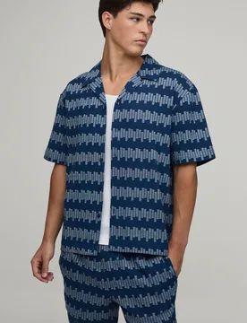 Mens Geometric Stripe Oversized Shirt & Relaxed Short Set - Navy Cotton - Size Large - boohooMAN - FashionsVida