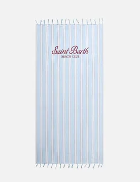 Telo mare Fouta Light a righe bianche e azzurre con maxi logo bordeaux e frange - MC2 SAINT BARTH - FashionsVida