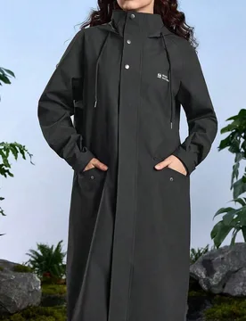 Chaqueta impermeable con capucha con cordón y estampado de letras minimalista para mujer para exteriores - Shein - FashionsVida