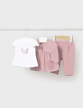 Set 3 pezzi rosa in felpa di cotone con t-shirt bianca - Mayoral - FashionsVida