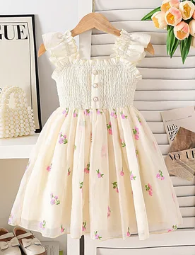 Vestido dulce sin mangas con bordado floral de malla para niña joven, verano - Shein - FashionsVida