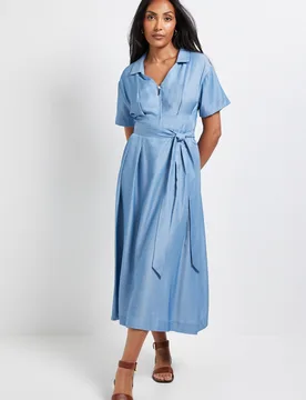 Womens Petite Denim Look Zip Belted Midi Dress - Blue Viscose - Size 16 Uk - Wallis - FashionsVida