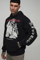 Herren Hoher Übergroßer Gothic-Kapuzenpullover Mit Waschung Und Print Washed Black Größe XL