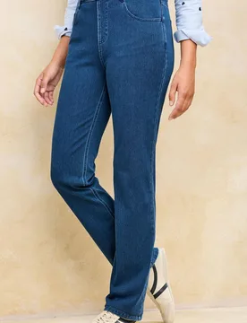 Women's Stretch Denim Straight Leg Pull On Trousers 29" (74cm) inside leg in Mid Blue Size: 24 - Mid Blue - Size: 24 - Cotton Traders - FashionsVida